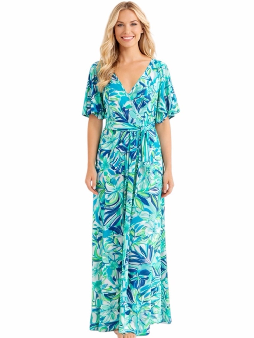 Pappagallo Women’s Small Floral Palm Print Maxi Dress Coastal Resortwear island